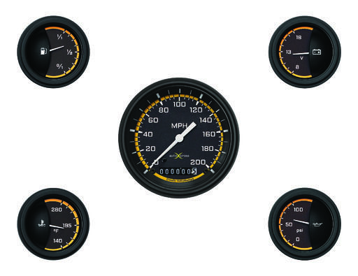 Auto Cross Gul 3 3/8"​ Hastighetsmätare, Varvräknare & Quad med svart lågstegsram och platt glas.