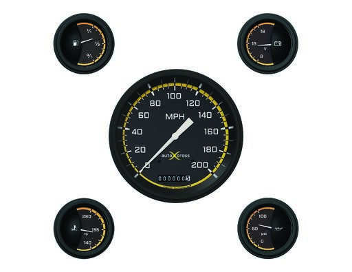 AutoCross Gul 4 5/8''​ Hastighetsmätare och Fyra 2 1/8'' Bränslemätare, Oljetrycksmätare, Tempmätare